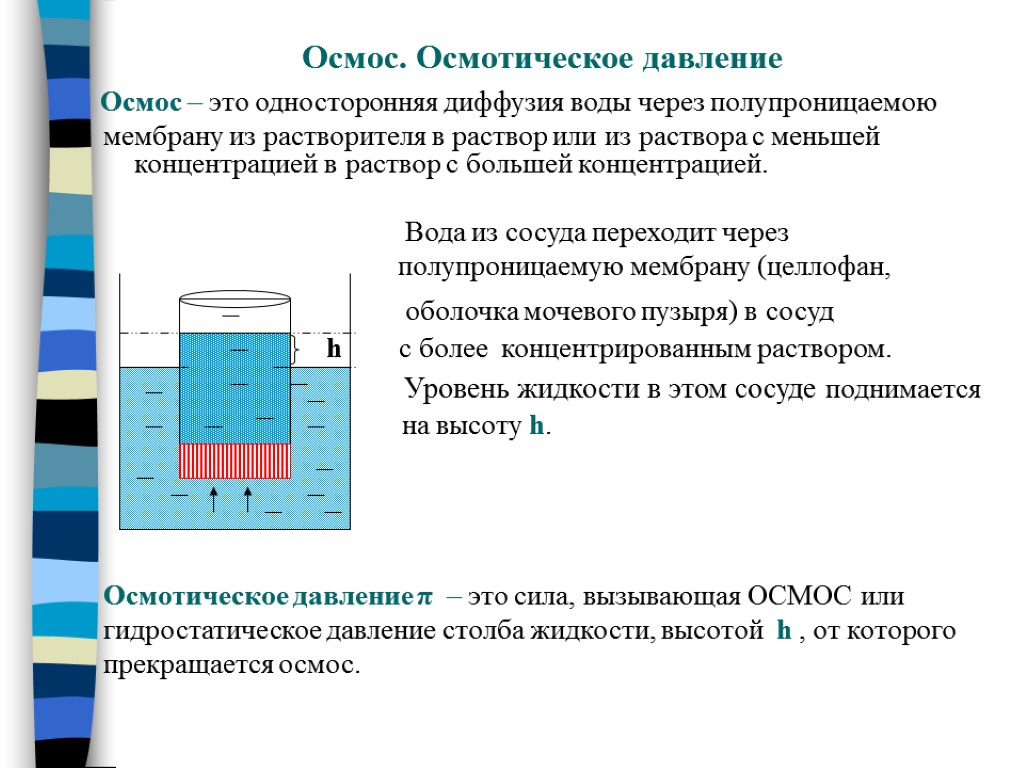 Осмос. Осмотическое давление Осмос – это односторонняя диффузия воды через полупроницаемою мембрану из растворителя